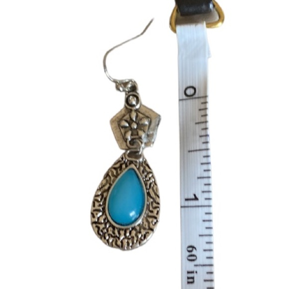 Flower Pattern Water Drop Shape Inlaid Synthetic Gemstone Dangle Earrings Retro - Picture 7 of 11